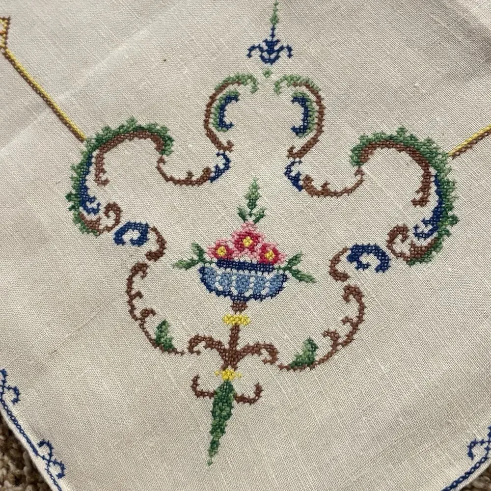 Vintage Hand Embroidered Bridge Card Tablecloth 33.5
